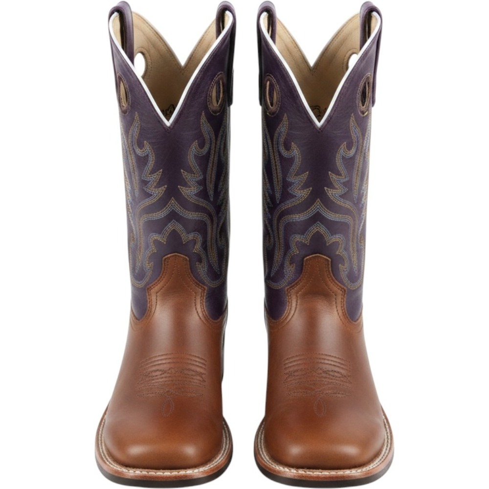Old West Cowboy Boots Kids 7.5 Brown Purple Good Leather Square Toe